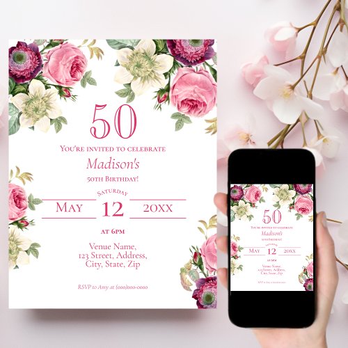 Pink Floral 50th Birthday Invitation