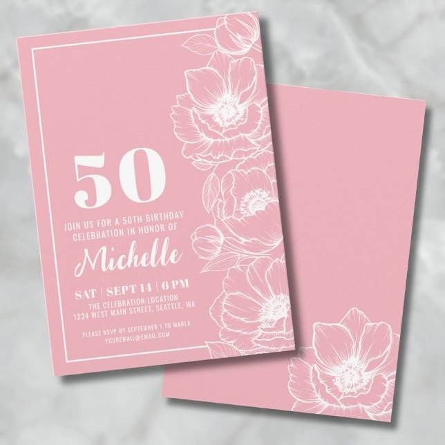 Pink Floral 50th Birthday Invitation (Pink Floral 50th Birthday Invitation )