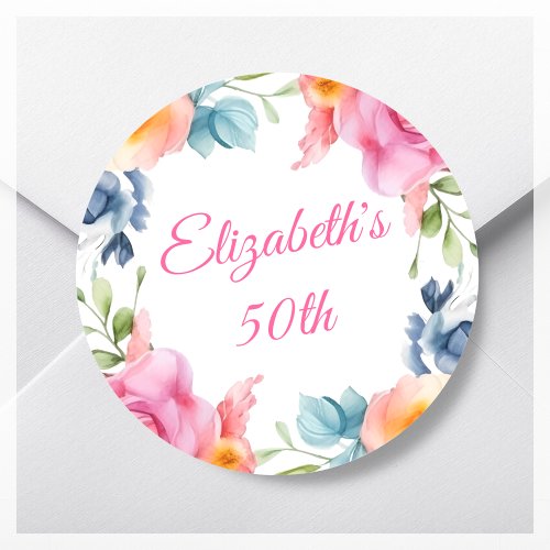 Pink Floral 50th Birthday Party Favor Classic Round Sticker