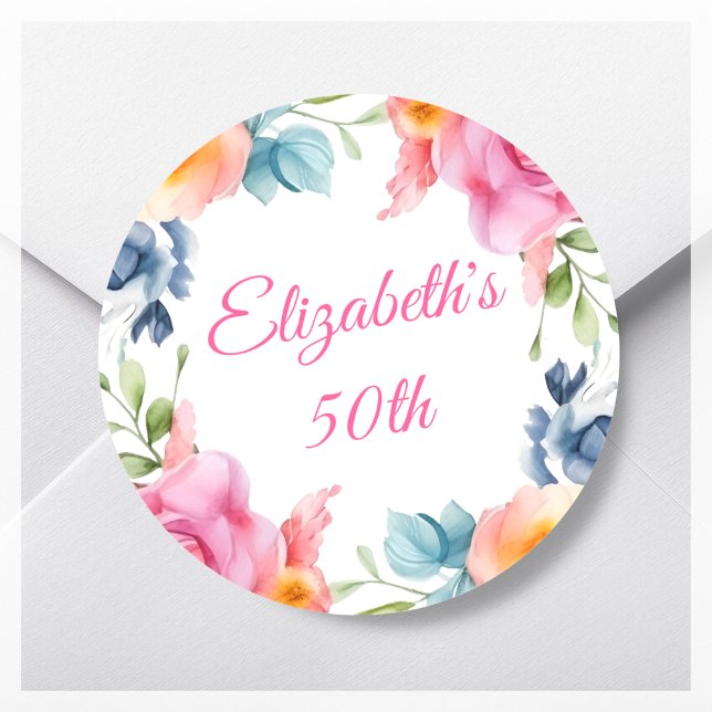 Pink Floral 50th Birthday Party Favor Classic Round Sticker (Creator Uploaded)