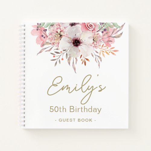 Pink Floral 50th Birthday Party Guest Book 