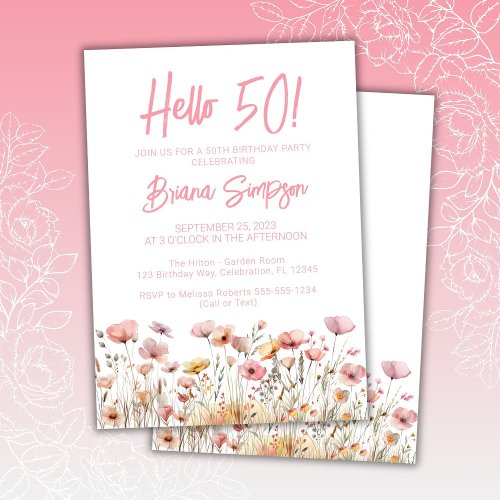 Pink Floral 50th Birthday Party Invitation