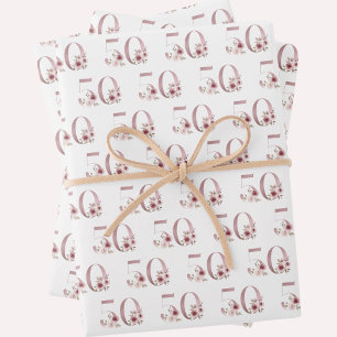 Pink Floral 50th Birthday Wrapping Paper Sheets