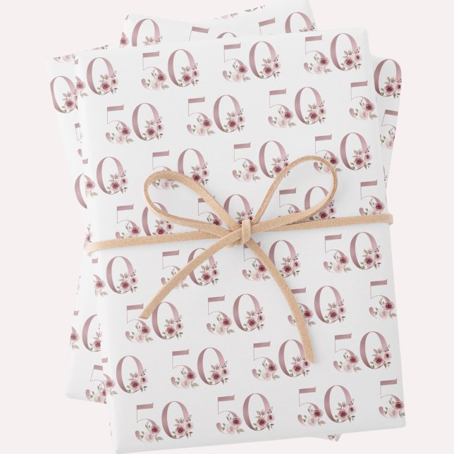 Pink Floral 50th Birthday Wrapping Paper Sheets (Creator Uploaded)