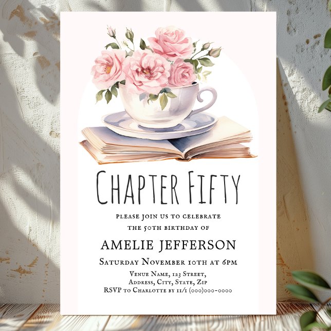 Pink Floral 50th Book Theme Birthday  Invitation (Creator Uploaded)