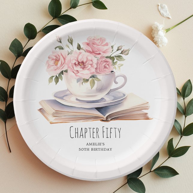 Pink Floral 50th Book Theme Birthday  Paper Plates (Creator Uploaded)