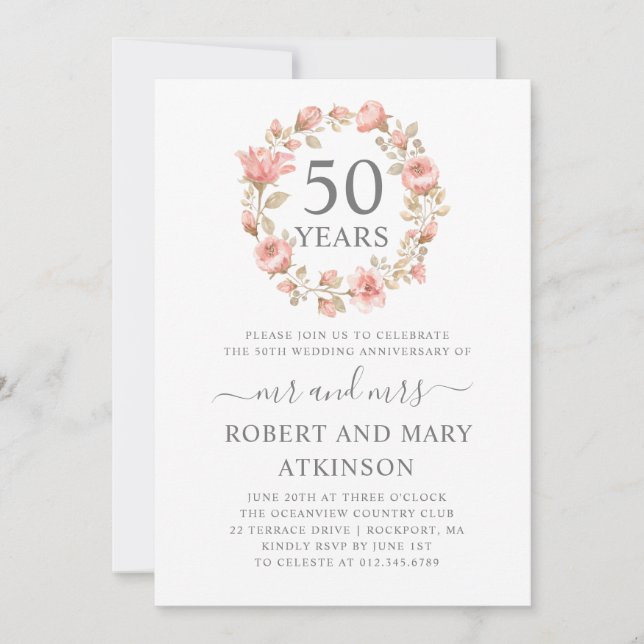 Pink Floral 50th Wedding Anniversary Invitation (Front)