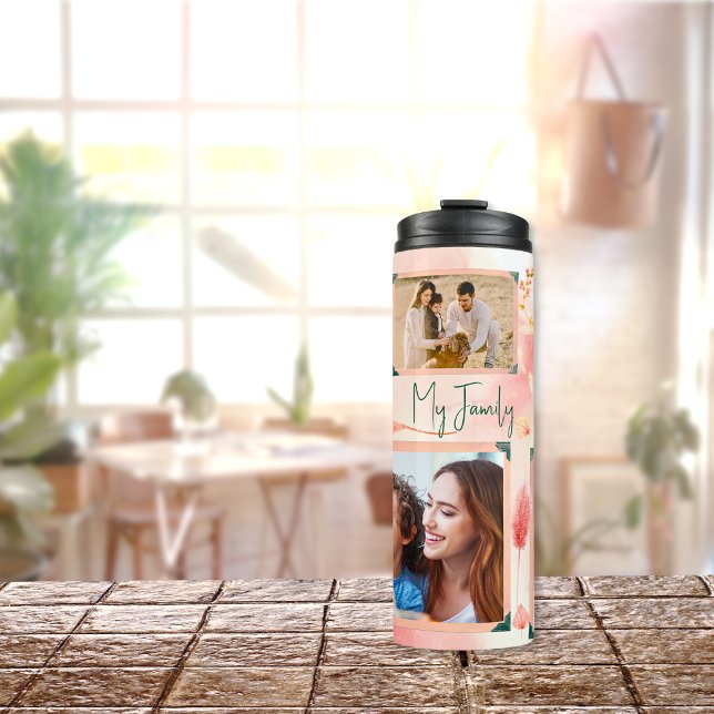 Pink Floral 5 Photos Collage & Custom Text Thermal Tumbler (Creator Uploaded)