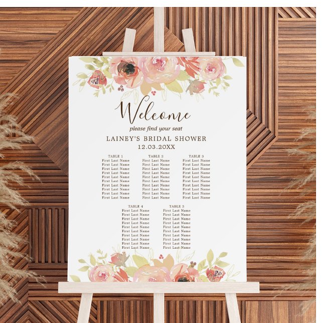 Pink Floral 5 Table Bridal Shower Seating Chart Foam Board (Creator Uploaded)