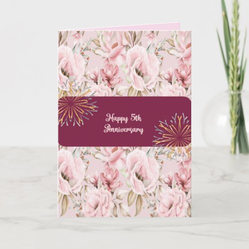 Pink Floral 5th Anniversary Card for Spouse