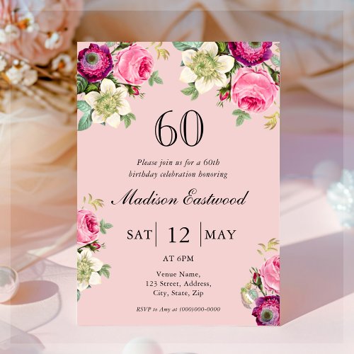 Pink Floral 60th Birthday Invitation