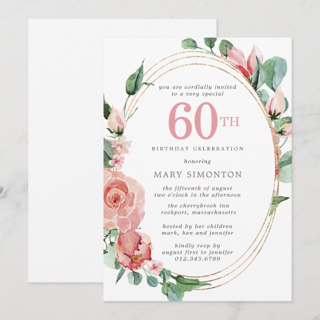 Pink Floral 60th Birthday Party Invitation (Front/Back)
