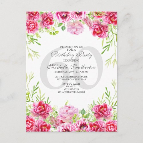 Pink Floral 60th Birthday Party Invitation Postcard