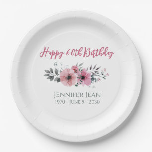 Pink Floral 60th Birthday Party Paper Plates