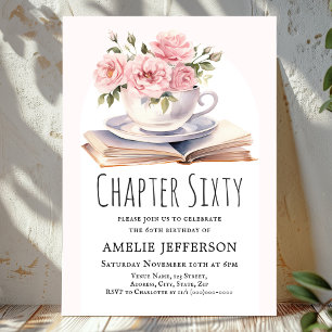 Pink Floral 60th Book Theme Birthday Invitation