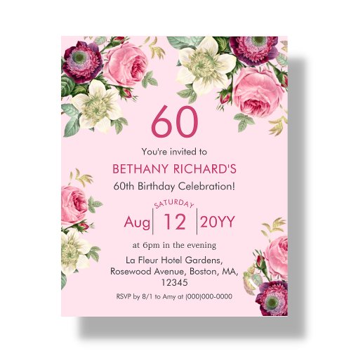 Pink Floral  60th Budget Birthday Invitation