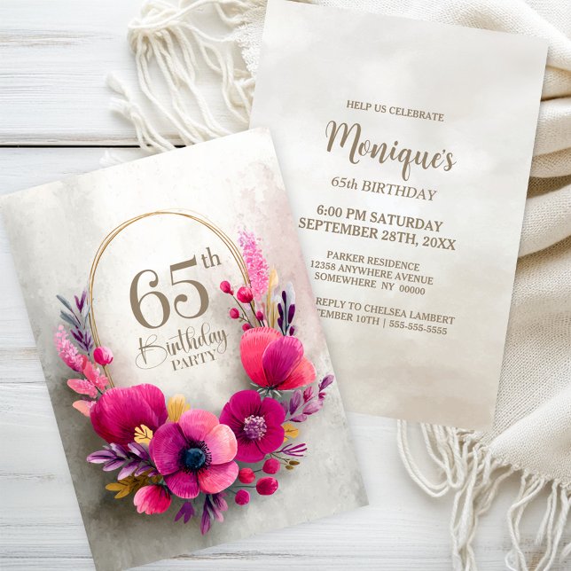 Pink Floral 65th Birthday Party Invitation (Creator Uploaded)