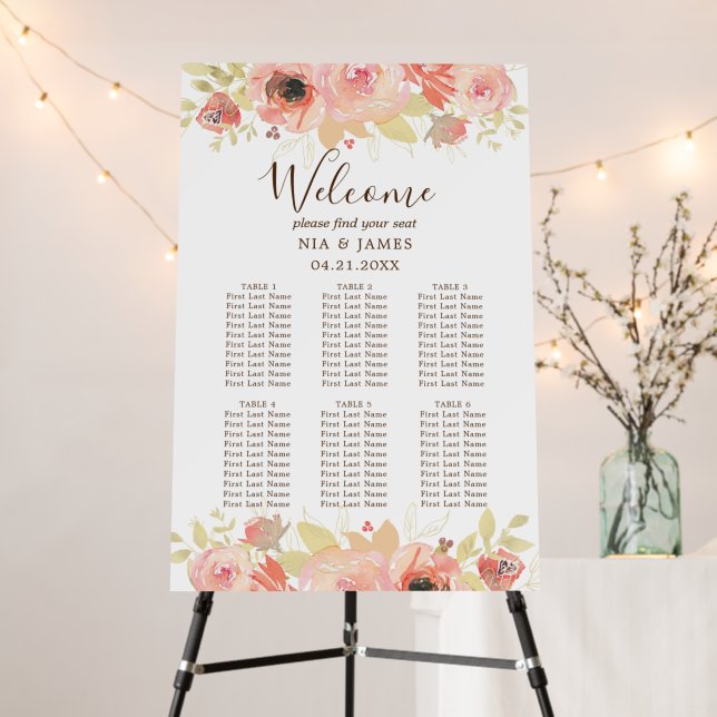 Pink Floral 6 Table Wedding Seating Chart Foam Board (In Situ (Stand))