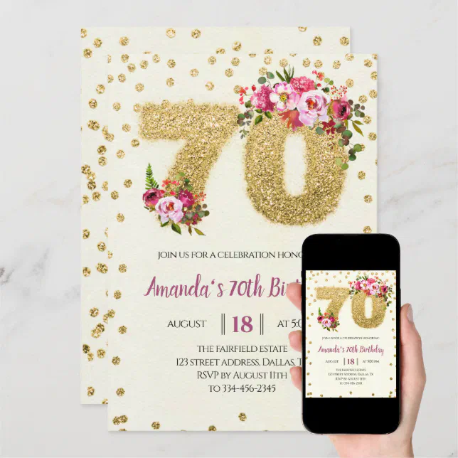 Pink Floral 70th Birthday Invitation Zazzle