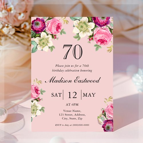 Pink Floral 70th Birthday Invitation