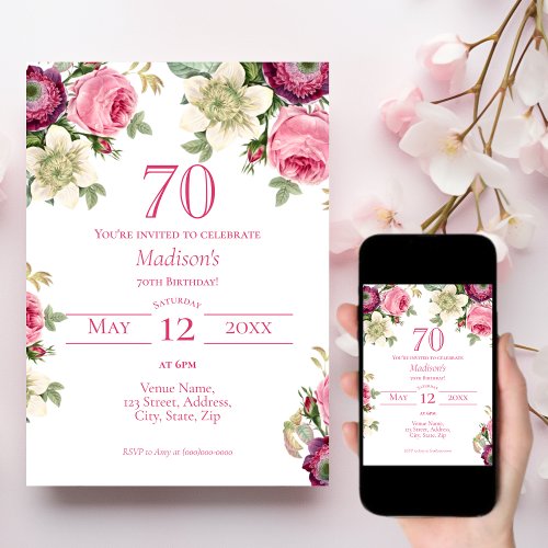 Pink Floral  70th Birthday Invitation