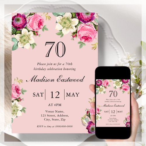 Pink Floral 70th Birthday Invitation