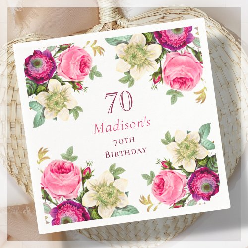 Pink Floral 70th Birthday  Napkins