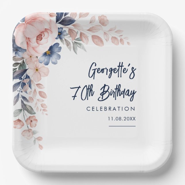 Pink Floral 70th Birthday Party Botanical  Paper Plates (Front)
