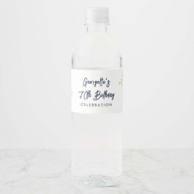 Pink Floral 70th Birthday Party Botanical  Water Bottle Label (Front)