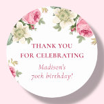 Pink Floral | 70th Birthday Party Favor Classic Round Sticker<br><div class="desc">Looking for a special way to say thank you to your guests for celebrating your birthday with you? Look no further than our customizable pink floral favor stickers! These elegant stickers feature a beautiful pink floral design that will perfectly complement your party's theme. Plus, you can personalize them with your...</div>