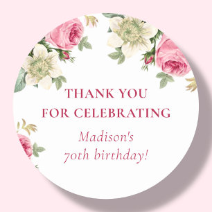 Pink Floral 70th Birthday Party Favor Classic Round Sticker