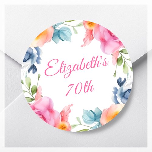 Pink Floral 70th Birthday Party Favor Classic Round Sticker