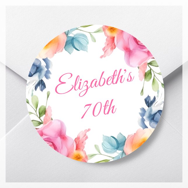 Pink Floral 70th Birthday Party Favor Classic Round Sticker (Creator Uploaded)
