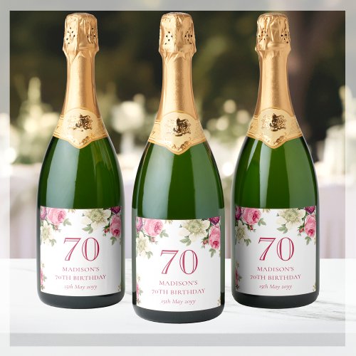 Pink Floral 70th Birthday Party Sparkling Wine Label