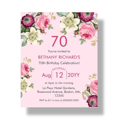 Pink Floral  70th Budget Birthday Invitation