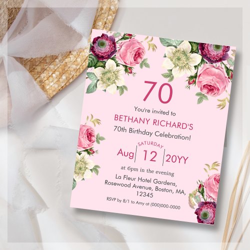 Pink Floral  70th Budget Birthday Invitation