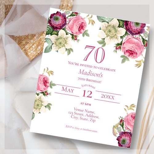 Pink Floral  70th Budget Birthday Invitation