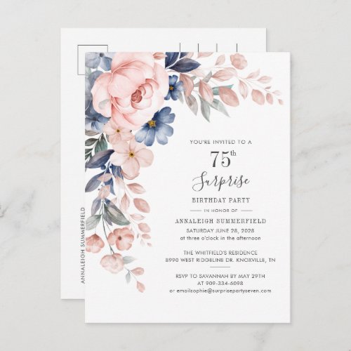 Pink Floral 75th Birthday Botanical Watercolor Invitation Postcard
