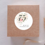 Pink Floral 75th Birthday Party Classic Round Sticker<br><div class="desc">Cute and modern, yet elegant 75th birthday party sticker. Featuring a trendy layout and watercolor floral and greenery eucalyptus and pink blush. Perfect for any age birthday party celebration. This template can be easily edited and the text replaced with your own details by clicking the "Personalize" button. For further customization,...</div>
