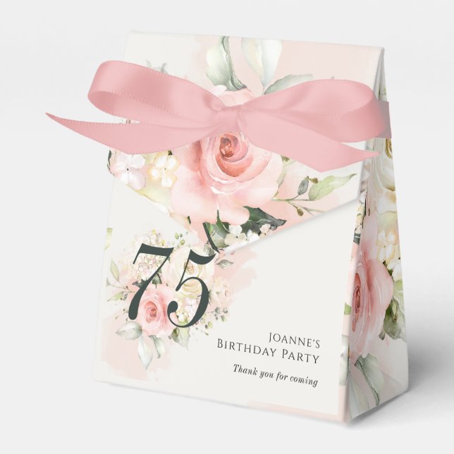 Pink Floral 75th Birthday Party Favor Boxes (Front Side)