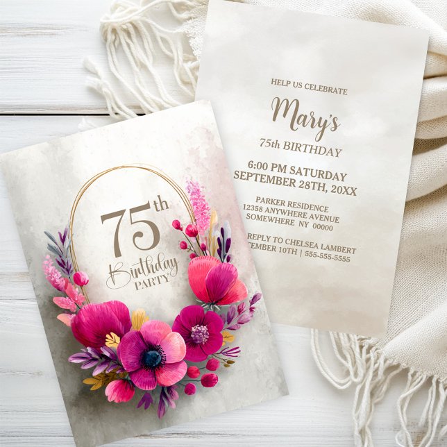 Pink Floral 75th Birthday Party Invitation (Creator Uploaded)