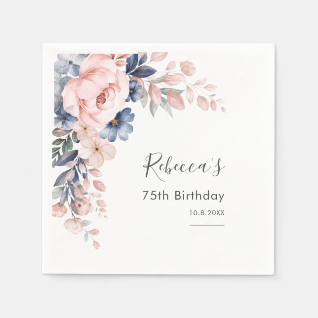 Pink Floral 75th Birthday Party Paper Napkins (Front)