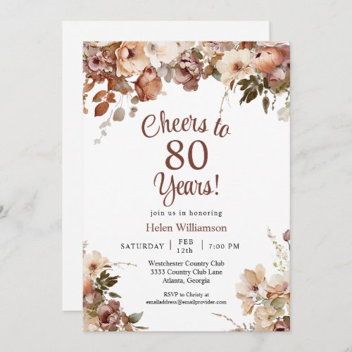 Pink Floral 80th Birthday Cheers to 80 Years Invitation