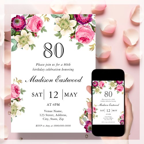 Pink Floral 80th Birthday Invitation