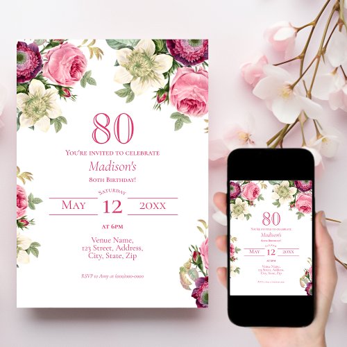 Pink Floral  80th Birthday Invitation