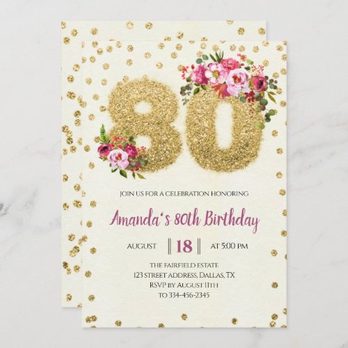 Pink Floral 80th Birthday Invitation