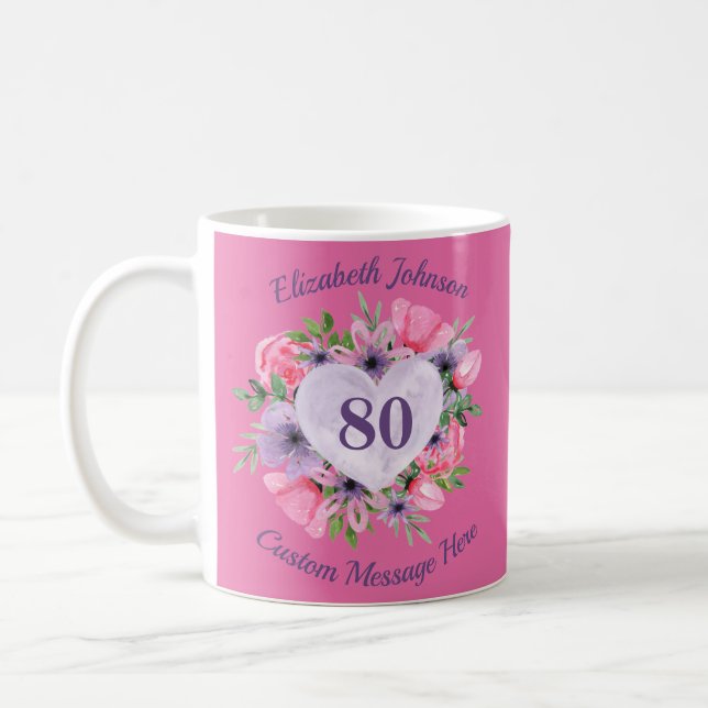 Pink Floral 80th Birthday Mug for Women (Left)