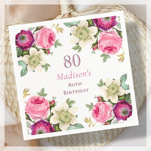 Pink Floral 80th Birthday  Napkins