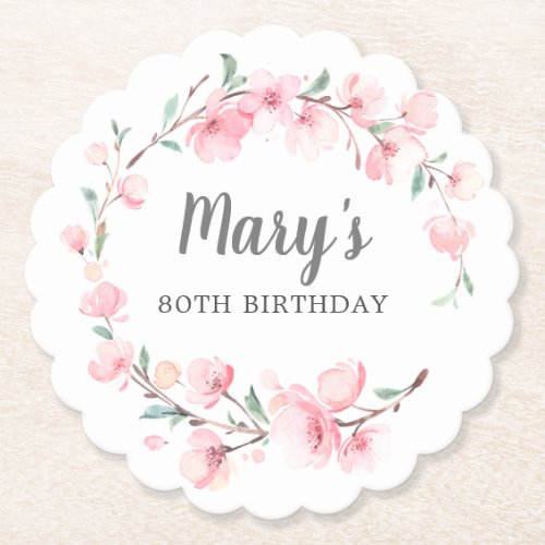 Pink Floral 80th Birthday Paper Coaster