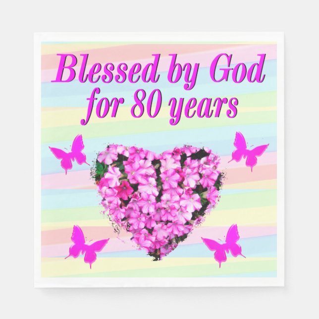 PINK FLORAL 80TH BIRTHDAY PAPER PARTY NAPKINS (Front)